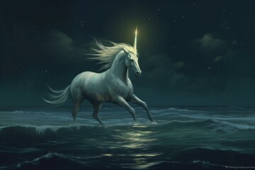 Naklejka na ściany i meble unicorn in moonlight. Generative AI