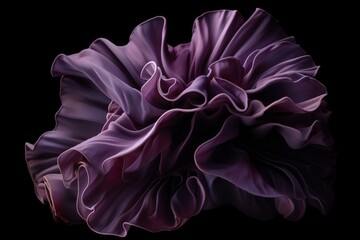 Abstract purple background with layered ruffles resembling a flower; wavy, folded wallpaper; decorative cloth or paper feature; isolated on black. Generative AI