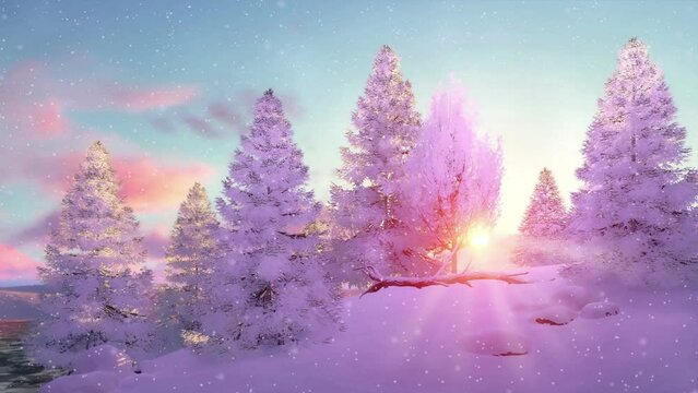 Dreamlike winter landscape with frosty snow covered fir forest under scenic glowing sunset or sunrise sky at heavy snowfall. With no people wintry natural background 3D animation rendered in 4K