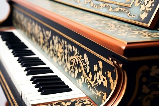 Close-up of a vintage piano harpsichord decorated with patterns on a white background. Generative AI