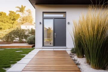 stylish suburban home entrance featuring a pot of grass and a wooden path in front of the front door - obrazy, fototapety, plakaty