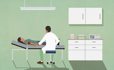 Doctor checking blood pressure of patient laying on clinic exam table

