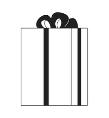 Merry Christmas present box black and white 2D cartoon object. Congratulate new year giftbox isolated vector outline item. Xmas. Seasonal festive greeting wrapped monochromatic flat spot illustration
