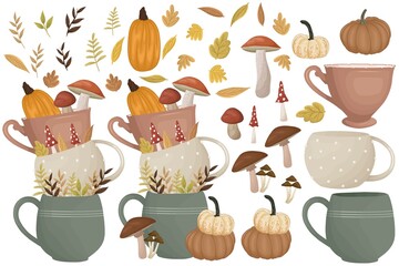Mushrooms, pumpkin and golden autumn leaves. Autumn collection.