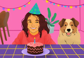 happy girl with dog celebrating birthday party, preparing to blow out candles on birthday cake
