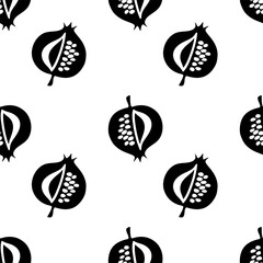 Pomegranate black and white pattern, hand drawn outline doodle.
