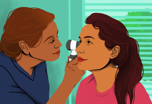 Female doctor examining ear of patient with otoscope in clinic exam room
