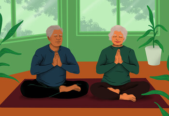 Serene, healthy senior people meditating on yoga mat together at home
