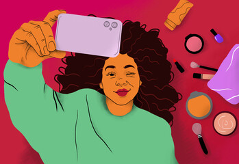 View from above happy young woman taking selfie with smart phone on floor with makeup
