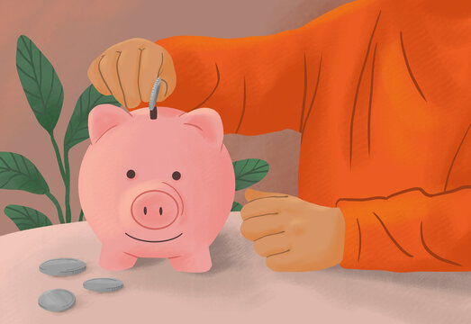 Boy placing coins in piggy bank, learning how to save money
