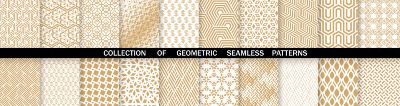 Geometric set of seamless gold and white patterns. Simple vector graphics