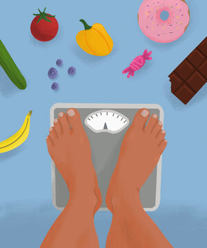 POV view from above barefoot woman standing on weight scale surrounded by unhealthy and healthy food
