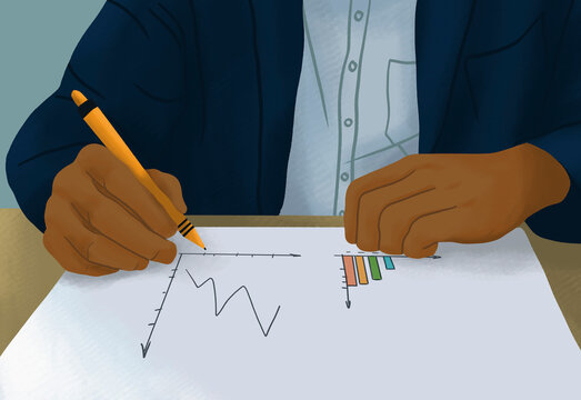 Close up businessman with pencil drafting charts
