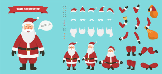 Set isolated body elements for create characters Santa Claus in flat vector cartoon style. Constructor for design card, poster, banner. Different emotions, beards, hats, hands and legs positions.