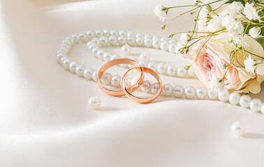 Two gold wedding rings lie on pearl beads and a delicate beige satin background. Bridal bouquet....
