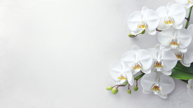 White orchid flower on a white textured background.
