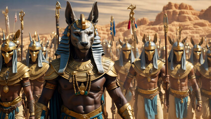 Anubis with his army before a battle. - obrazy, fototapety, plakaty