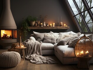 A comfortable sofa with soft pillows and blankets arranged in front of a warm fireplace, creating a cozy and inviting atmosphere