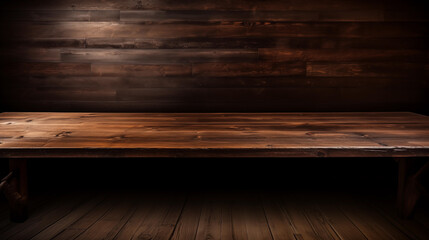 An empty wooden counter table for product display in a pub