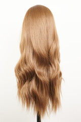 Fototapeta premium Natural looking dark blonde wig on white mannequin head. Long fair hair cut on the plastic wig holder isolated on white background