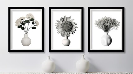 Set of Three abstract frames with vase flowers