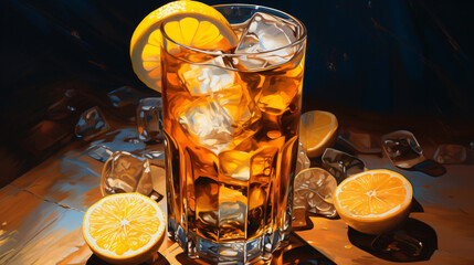 Ice cold iced tea with lemon wedges drips on glass
