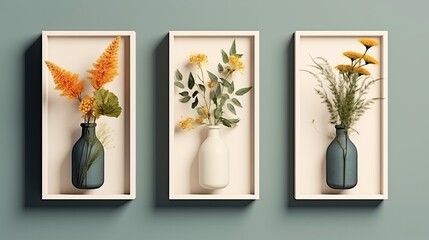 Set of Three abstract frames with vase flowers