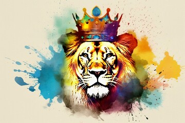 Colorful abstract lion artwork wearing crown. Generative AI