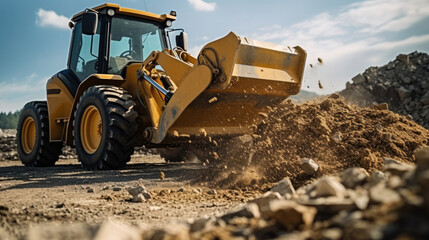 Bulldozer working with gravel on construction site, Digging soil and making foundation.