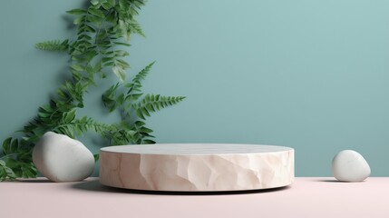 Stone podium for product presentation with tropical leaves background.