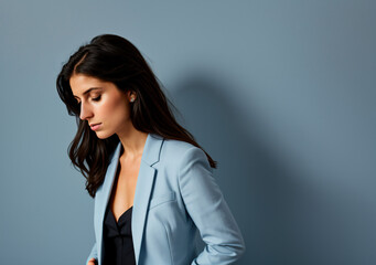 Fototapeta premium Closeup portrait of a brunette woman in blue suit