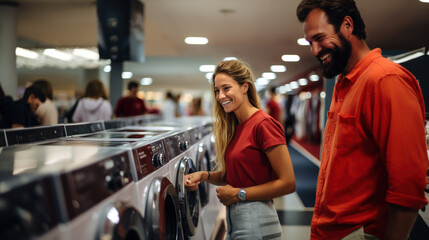 Young couple choosing washing machine in the store. Man and woman shopping together. - obrazy, fototapety, plakaty