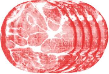 Ham, sliced into round pieces, isolated, from circle dots of different sizes on white background