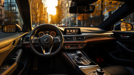 View from the driver's seat of a modern car interior in the city.