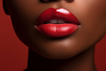 Fototapeta premium Beautiful African American girl with attractive red lips. Smiling beautiful afro girl. Beauty concept