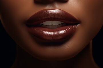 Obraz premium Beautiful African American girl with attractive red lips. Smiling beautiful afro girl. Beauty concept