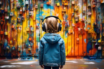 a little boy in headphones listening to music on a colorful background
