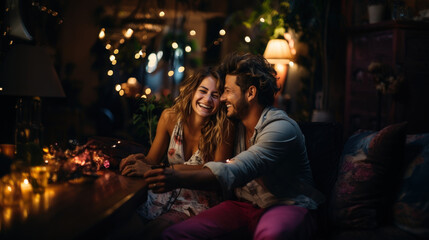 Young couple in love sitting on the couch at home and laugh at evening mood.