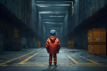 Obraz premium A boy in an orange uniform is a courier in a warehouse