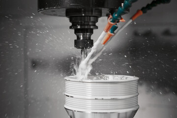 Auto CNC turning with robot drill milling factory with water coolant streams. The mold and die...