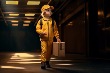Obraz premium A boy in the uniform of a courier with a parcel in his hands in a warehouse