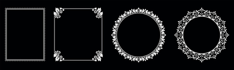 Set of decorative frames Elegant vector element for design in Eastern style, place for text. Floral black and white borders. Lace illustration for invitations and greeting cards.