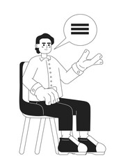 South asian job candidate man speaking answering black and white 2D cartoon character. Indian guy interviewee isolated vector outline person. Male making offer monochromatic flat spot illustration