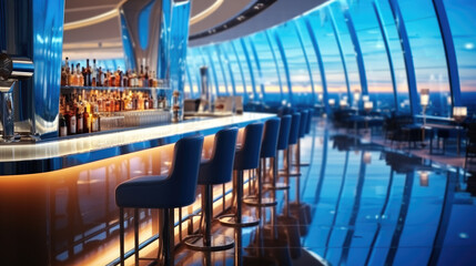 Airport lounge with large window behind bar, brightly lit, Blue and white lights, Table and chairs, Modern design, - obrazy, fototapety, plakaty