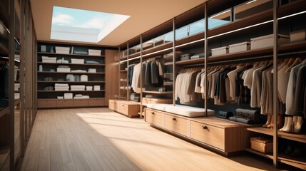 A walk-in closet with shelves, Drawers, Modern man wardrobes, Dressing room. - obrazy, fototapety, plakaty