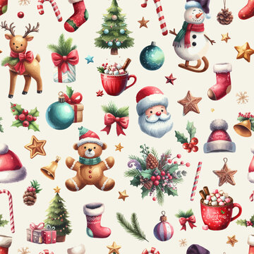 Seamless pattern with christmas watercolor elements. Holidays clipart for christmas card, sticker and print.