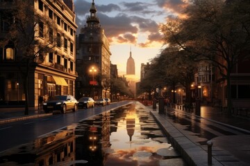 Serene Urban Landscape, The cityscape exudes tranquility as the sun casts a warm glow over the...