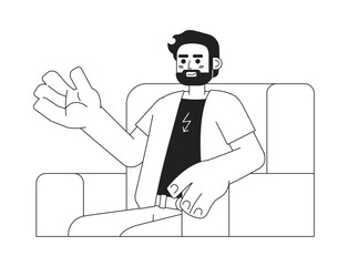 Bearded caucasian man sitting in armchair black and white 2D cartoon character. Discussing adult male isolated vector outline person. Comfortable communication monochromatic flat spot illustration