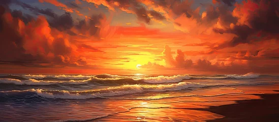 Deurstickers Strand zonsondergang The stunning orange sunset created a beautiful silhouette against the backdrop of the mesmerizing beach with the gentle waves crashing onto the shore and the clouds painting a picturesque l