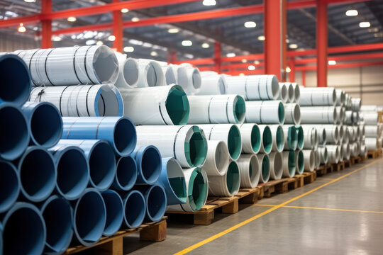 many size of blue pvc pipe line stacked in home building and material high roof warehouse at local department store, basic equipment for farming irrigation or greenhouse hydroponics farm system.